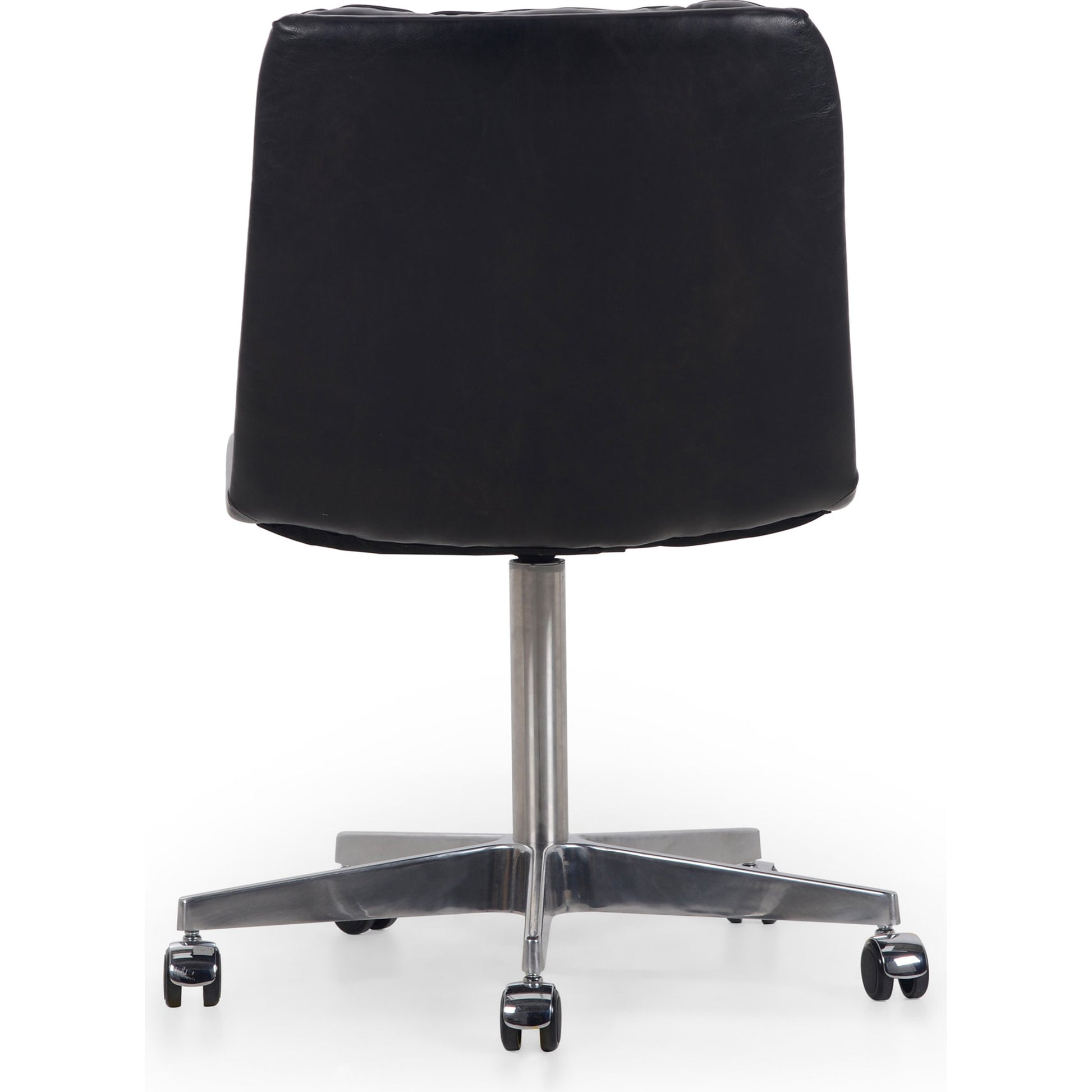 Malibu Desk Chair by Four Hands in rider black. Made from top grain leather, aluminum, 100% polyester in a modern style.