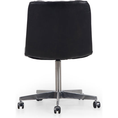 Malibu Desk Chair by Four Hands in rider black. Made from top grain leather, aluminum, 100% polyester in a modern style.