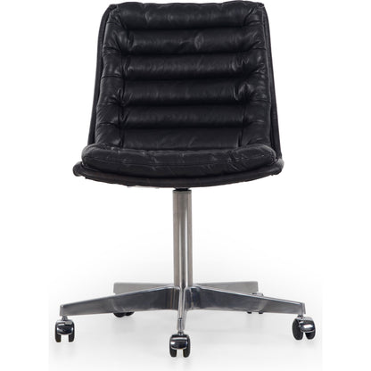 Malibu Desk Chair by Four Hands in rider black. Made from top grain leather, aluminum, 100% polyester in a modern style.