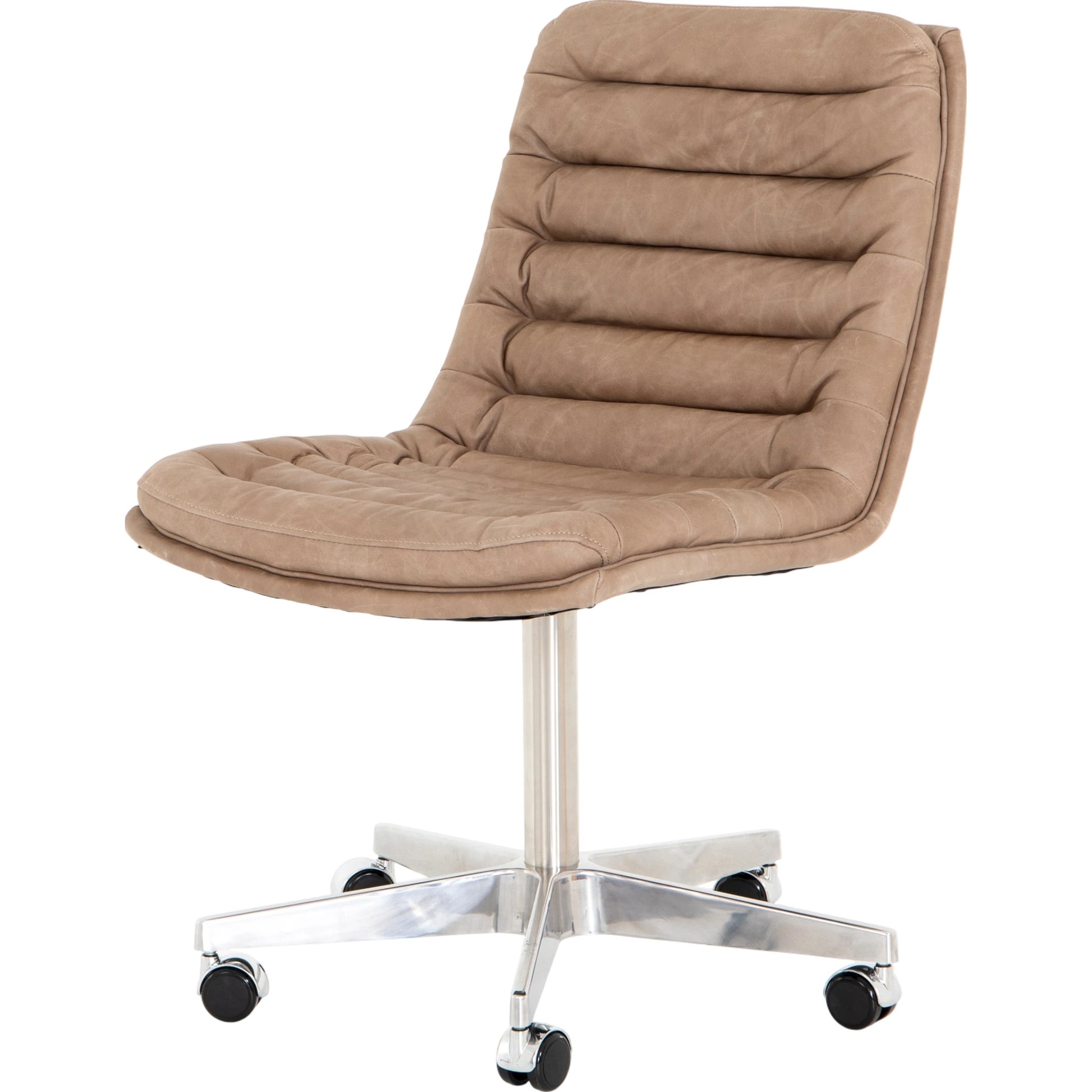 Malibu Desk Chair by Four Hands in rider black. Made from top grain leather, aluminum, 100% polyester in a modern style.