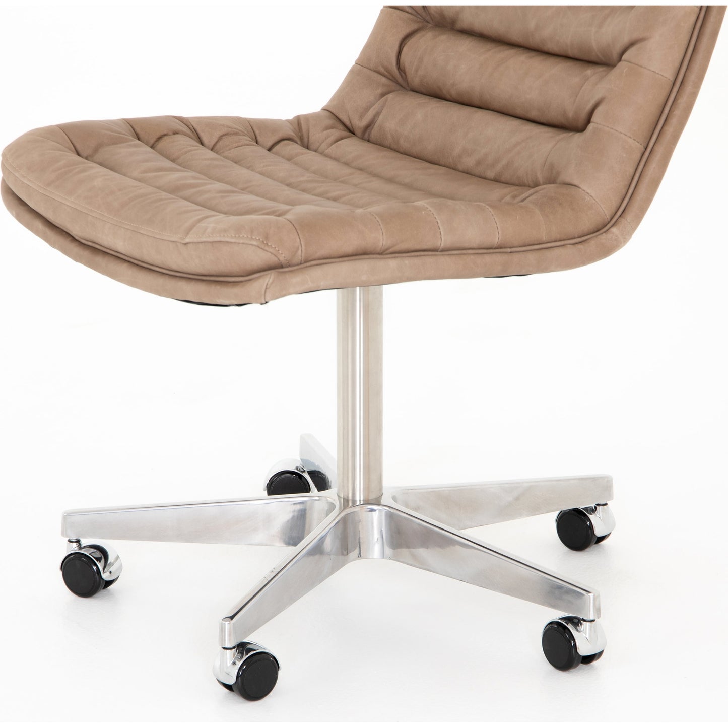 037 SI-1901022 | Closeup | Malibu Desk Chair by Four Hands. Made from top grain leather, aluminum, 100% polyester in a modern style.