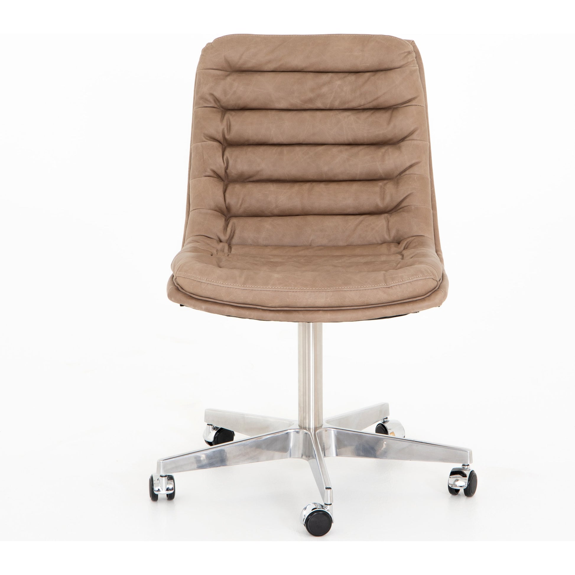 Malibu Desk Chair by Four Hands in rider black. Made from top grain leather, aluminum, 100% polyester in a modern style.