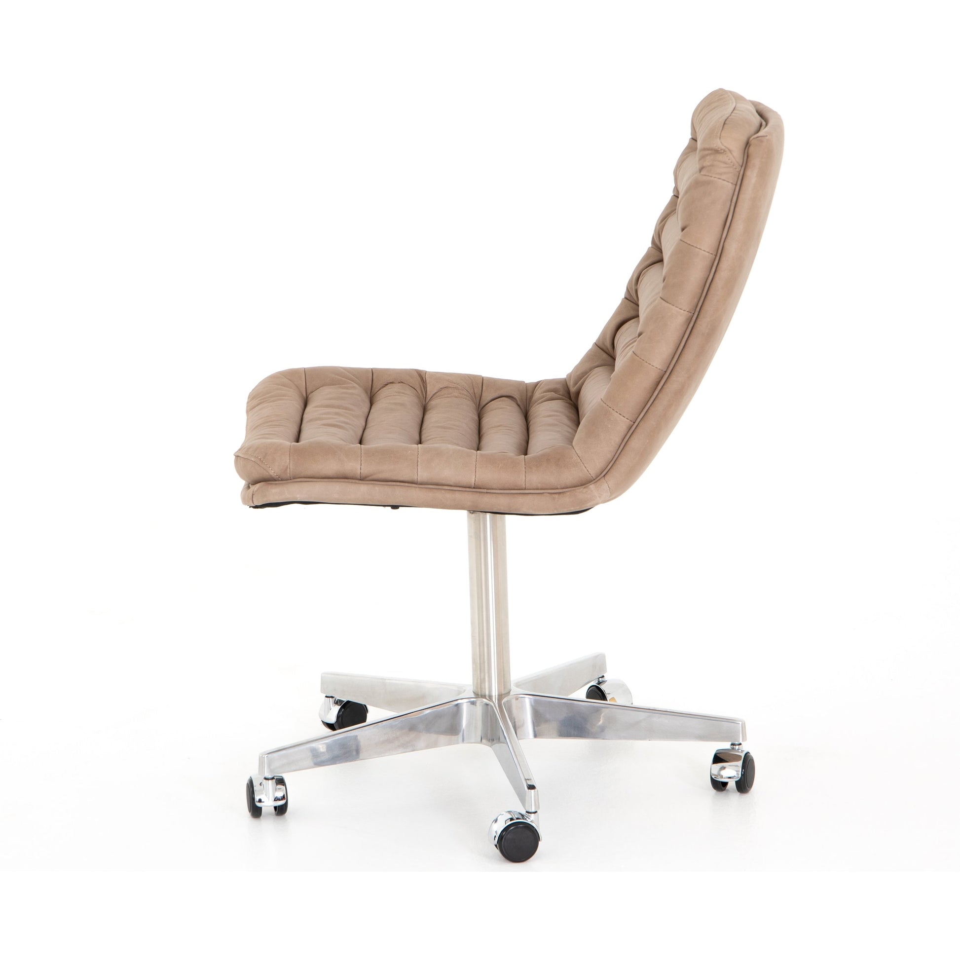 Malibu Desk Chair by Four Hands in rider black. Made from top grain leather, aluminum, 100% polyester in a modern style.