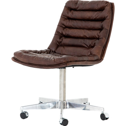 Malibu Desk Chair by Four Hands in rider black. Made from top grain leather, aluminum, 100% polyester in a modern style.