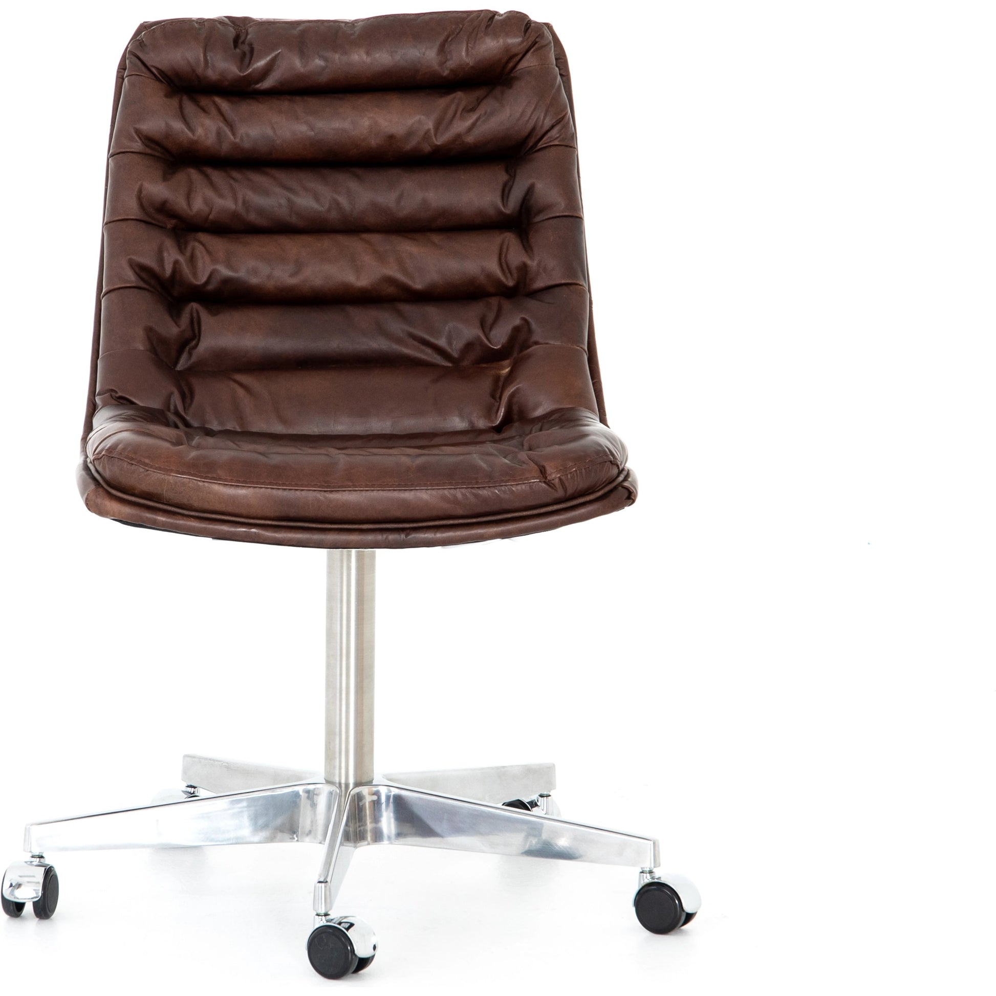 Malibu Desk Chair by Four Hands in rider black. Made from top grain leather, aluminum, 100% polyester in a modern style.