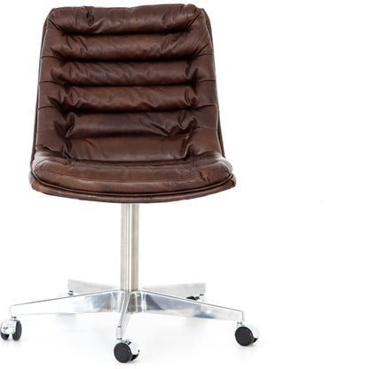Malibu Desk Chair by Four Hands in rider black. Made from top grain leather, aluminum, 100% polyester in a modern style.