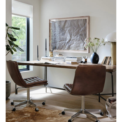 Malibu Desk Chair by Four Hands in rider black. Made from top grain leather, aluminum, 100% polyester in a modern style.