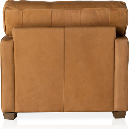 Larkin Club Chair by Four Hands in cigar and antique oak, antique brass nailhead. Made from top grain leather, solid ash, iron in a modern style.