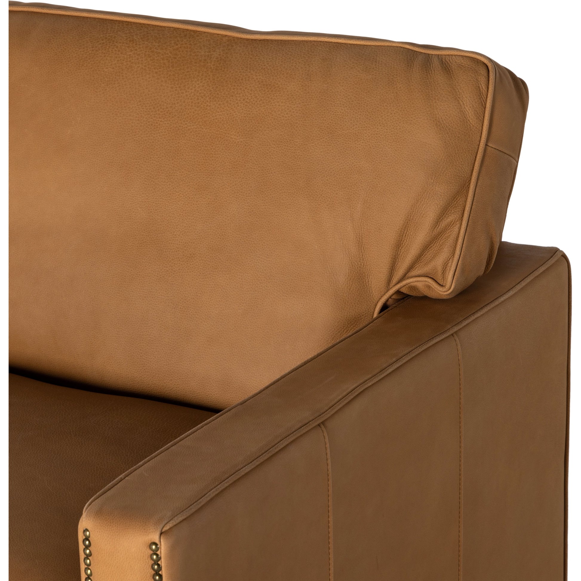 Larkin Club Chair by Four Hands in cigar and antique oak, antique brass nailhead. Made from top grain leather, solid ash, iron in a modern style.