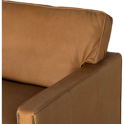 Larkin Club Chair by Four Hands in cigar and antique oak, antique brass nailhead. Made from top grain leather, solid ash, iron in a modern style.