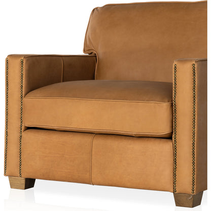 Larkin Club Chair by Four Hands in cigar and antique oak, antique brass nailhead. Made from top grain leather, solid ash, iron in a modern style.