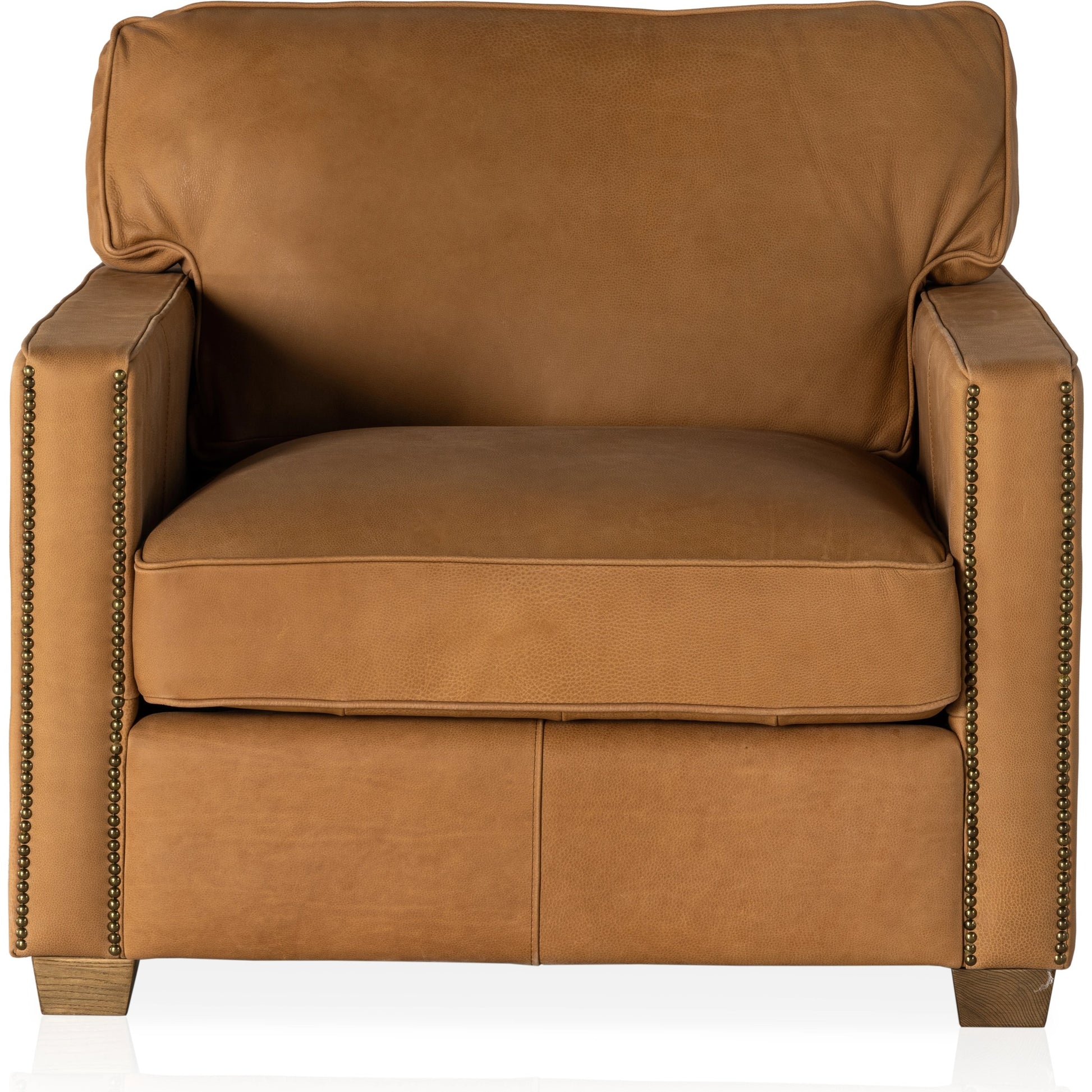 Larkin Club Chair by Four Hands in cigar and antique oak, antique brass nailhead. Made from top grain leather, solid ash, iron in a modern style.