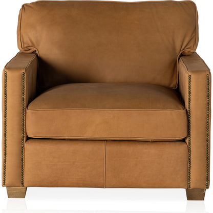 Larkin Club Chair by Four Hands in cigar and antique oak, antique brass nailhead. Made from top grain leather, solid ash, iron in a modern style.