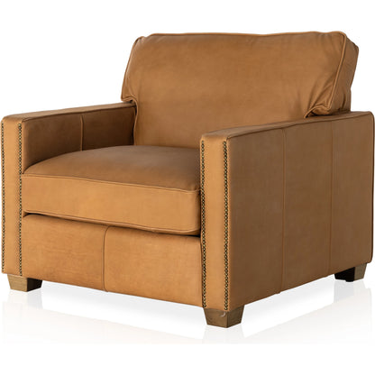 Larkin Club Chair by Four Hands in cigar and antique oak, antique brass nailhead. Made from top grain leather, solid ash, iron in a modern style.