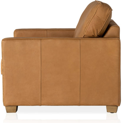 Larkin Club Chair by Four Hands in cigar and antique oak, antique brass nailhead. Made from top grain leather, solid ash, iron in a modern style.