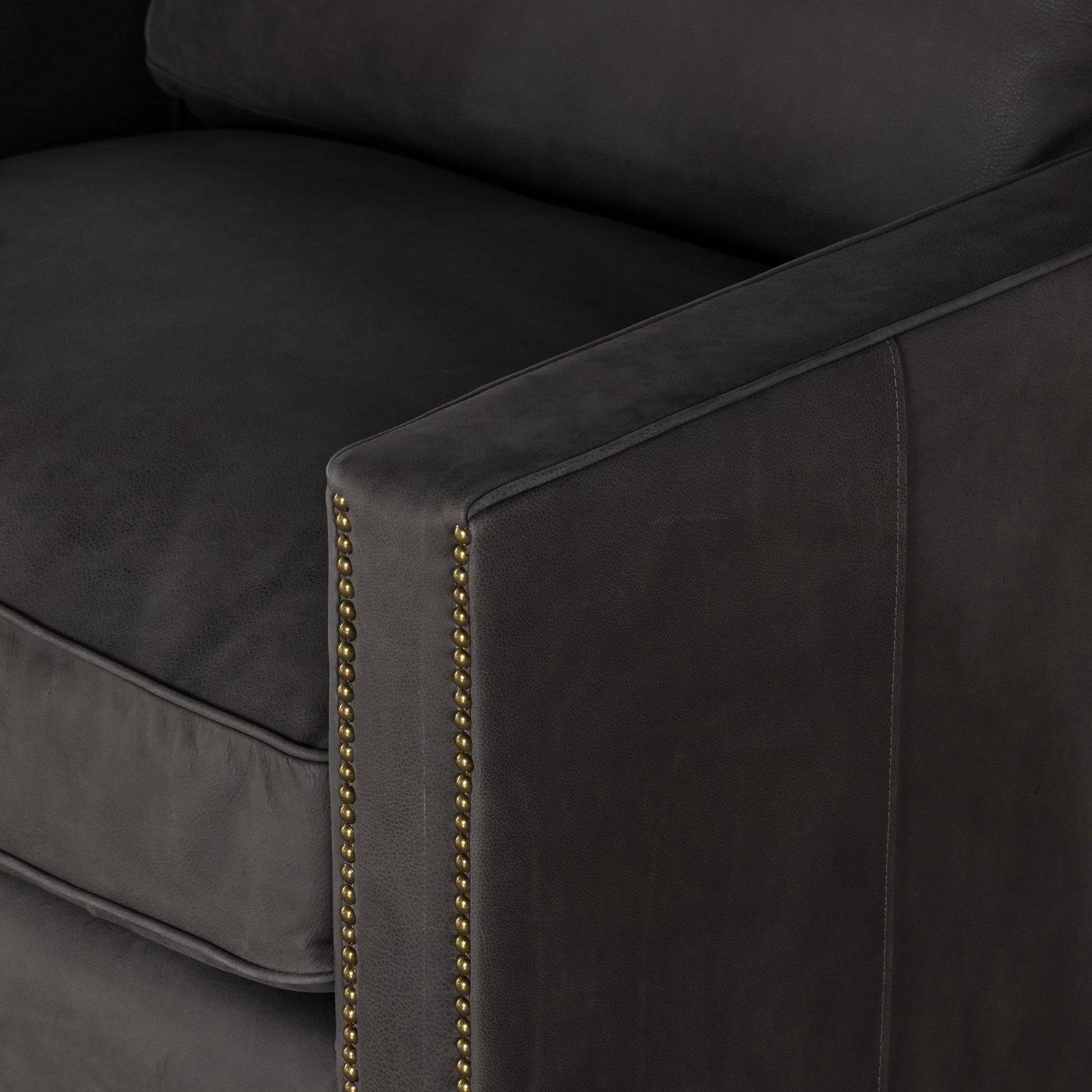 Larkin Club Chair by Four Hands in cigar and antique oak, antique brass nailhead. Made from top grain leather, solid ash, iron in a modern style.