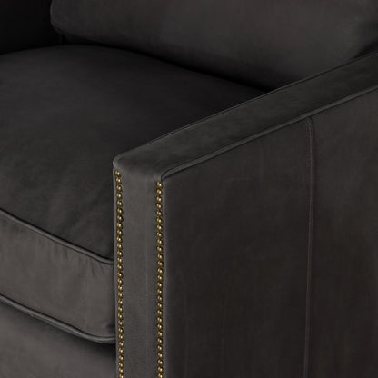 Larkin Club Chair by Four Hands in cigar and antique oak, antique brass nailhead. Made from top grain leather, solid ash, iron in a modern style.