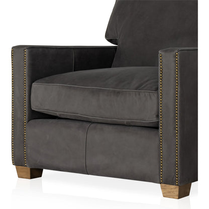 Larkin Club Chair by Four Hands in cigar and antique oak, antique brass nailhead. Made from top grain leather, solid ash, iron in a modern style.