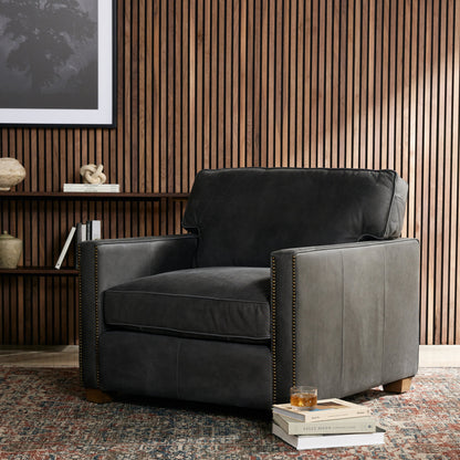 Larkin Club Chair by Four Hands in cigar and antique oak, antique brass nailhead. Made from top grain leather, solid ash, iron in a modern style.