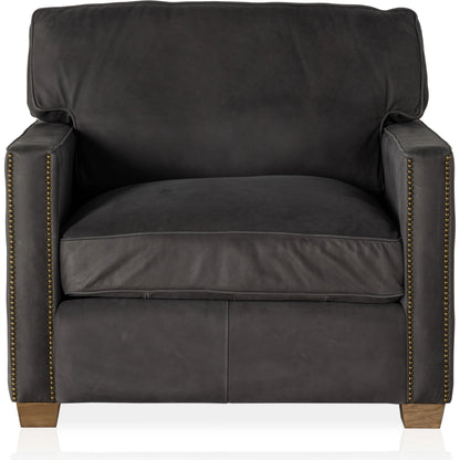 Larkin Club Chair by Four Hands in cigar and antique oak, antique brass nailhead. Made from top grain leather, solid ash, iron in a modern style.