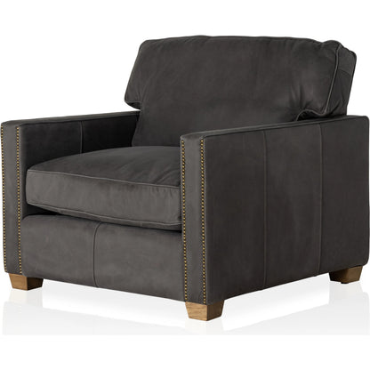 Larkin Club Chair by Four Hands in cigar and antique oak, antique brass nailhead. Made from top grain leather, solid ash, iron in a modern style.