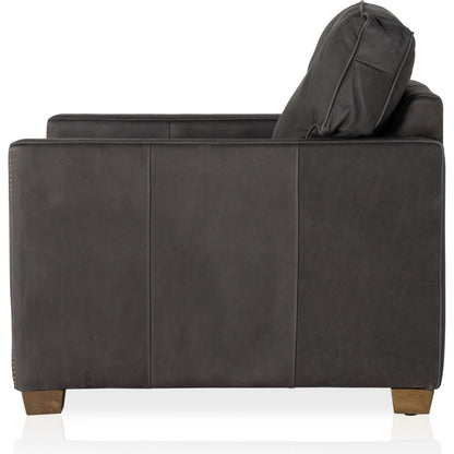 Larkin Club Chair by Four Hands in cigar and antique oak, antique brass nailhead. Made from top grain leather, solid ash, iron in a modern style.