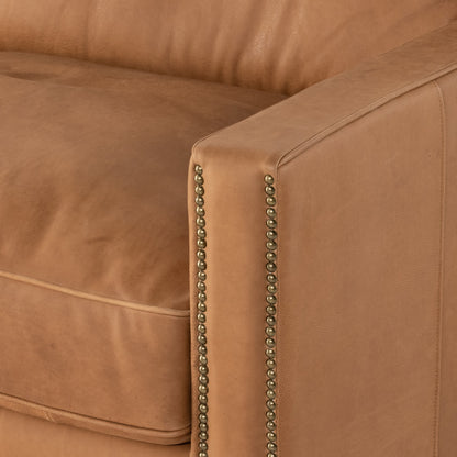 Larkin Sofa by Four Hands in cigar, antique oak, antique brass nailhead. Made from top grain leather, solid ash, iron in a modern style.