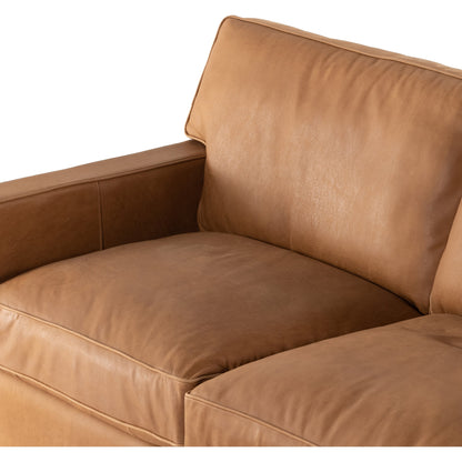 Larkin Sofa by Four Hands in cigar, antique oak, antique brass nailhead. Made from top grain leather, solid ash, iron in a modern style.