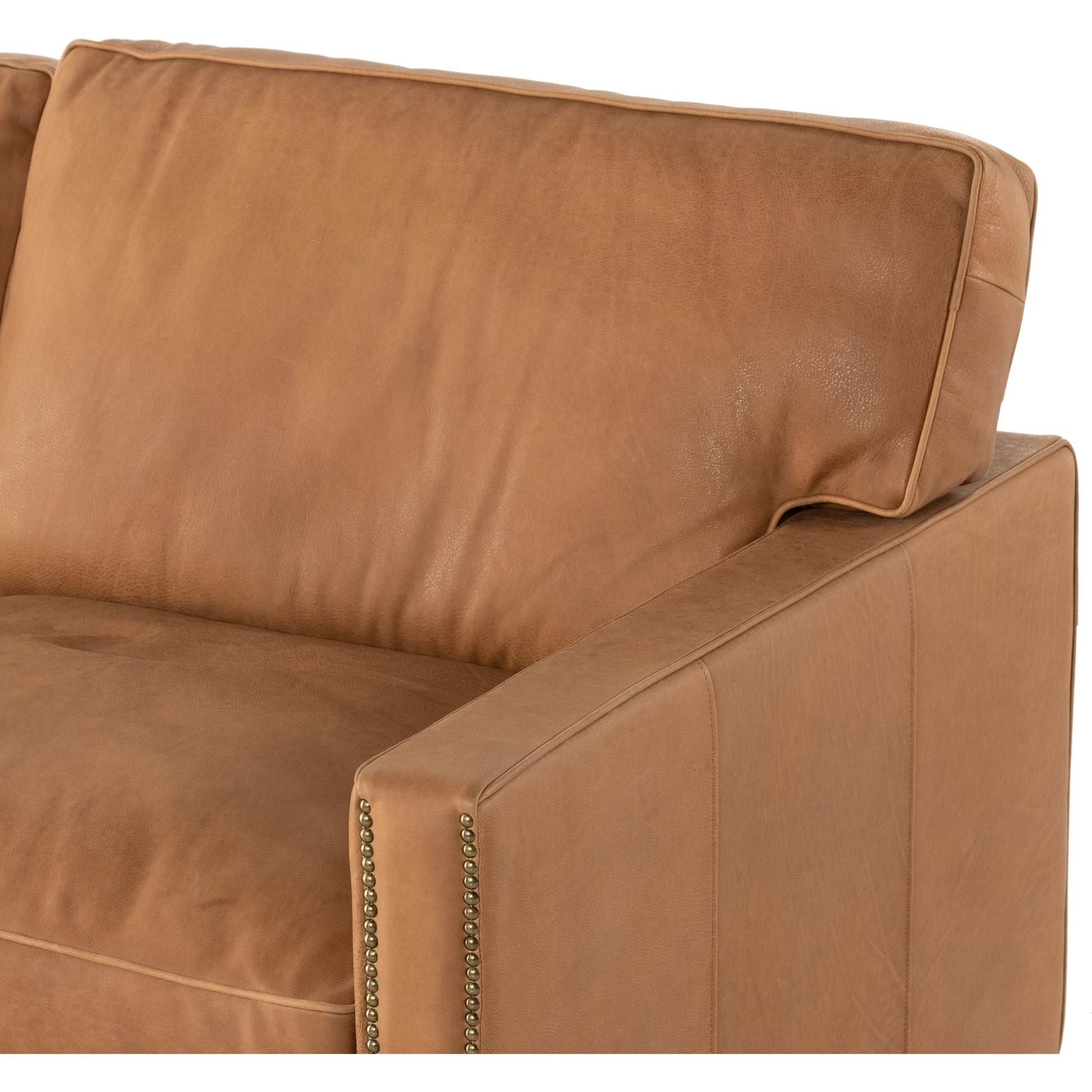 Larkin Sofa by Four Hands in cigar, antique oak, antique brass nailhead. Made from top grain leather, solid ash, iron in a modern style.