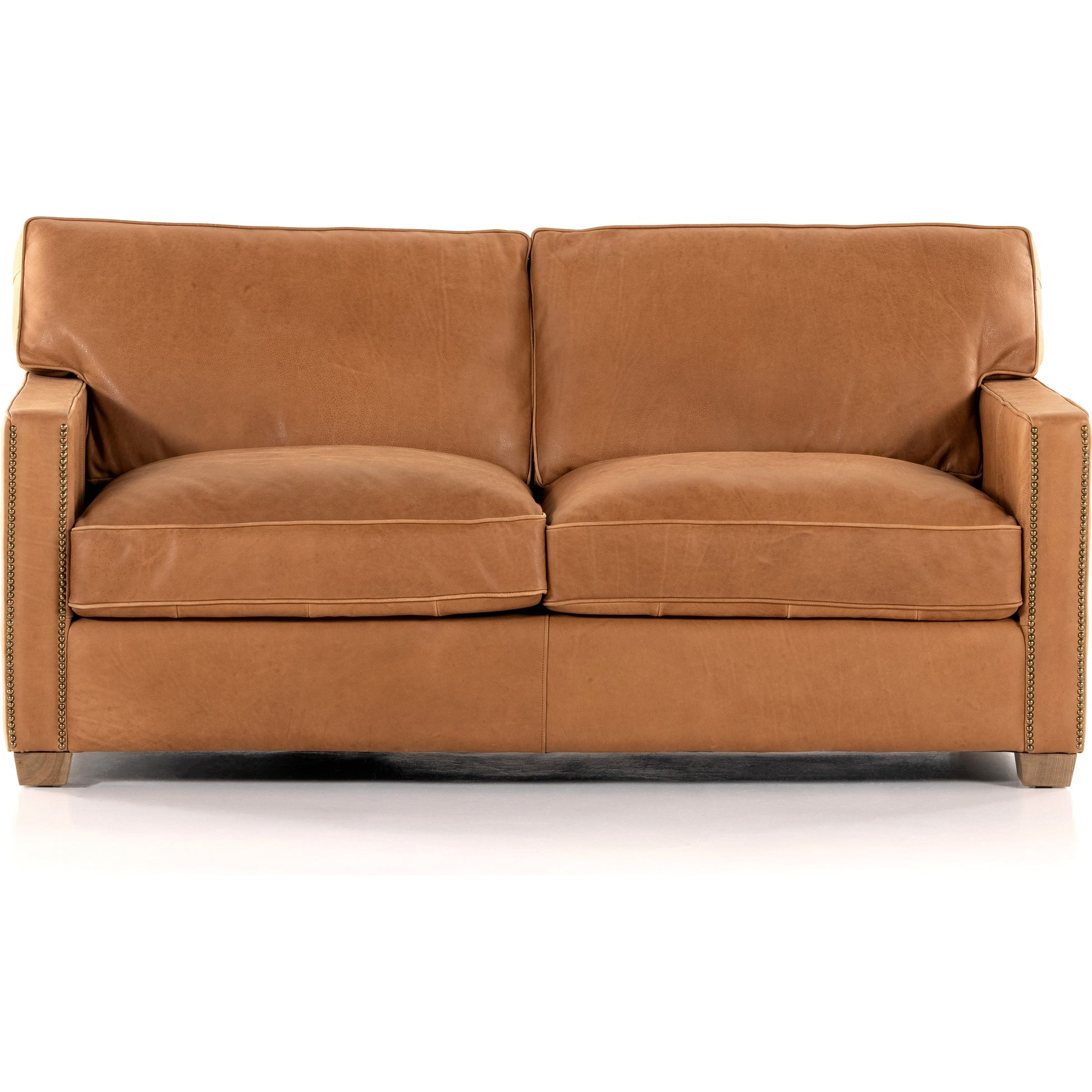 Larkin Sofa by Four Hands in cigar, antique oak, antique brass nailhead. Made from top grain leather, solid ash, iron in a modern style.