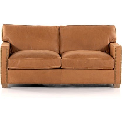 Larkin Sofa by Four Hands in cigar, antique oak, antique brass nailhead. Made from top grain leather, solid ash, iron in a modern style.