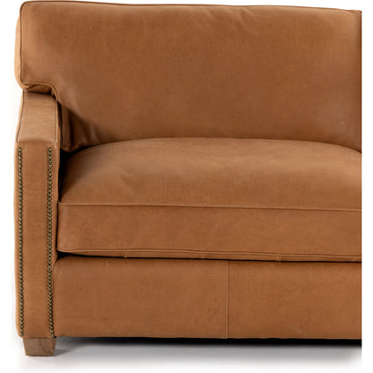 Larkin Sofa by Four Hands in cigar, antique oak, antique brass nailhead. Made from top grain leather, solid ash, iron in a modern style.