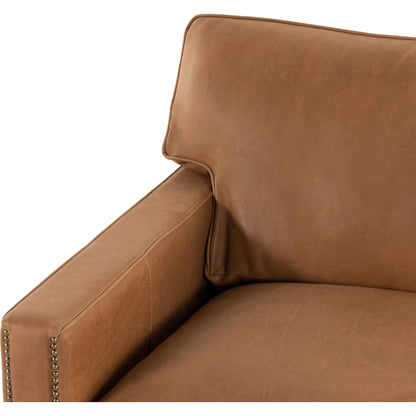 Larkin Sofa by Four Hands in cigar, antique oak, antique brass nailhead. Made from top grain leather, solid ash, iron in a modern style.