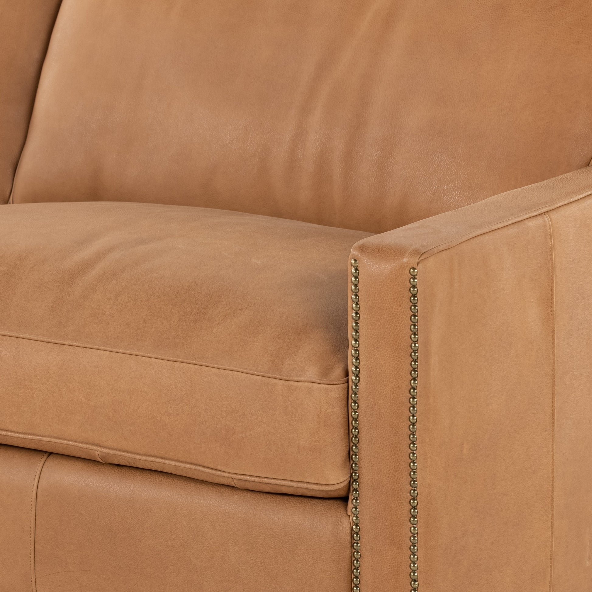 Larkin Sofa by Four Hands in cigar, antique oak, antique brass nailhead. Made from top grain leather, solid ash, iron in a modern style.