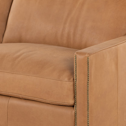 Larkin Sofa by Four Hands in cigar, antique oak, antique brass nailhead. Made from top grain leather, solid ash, iron in a modern style.