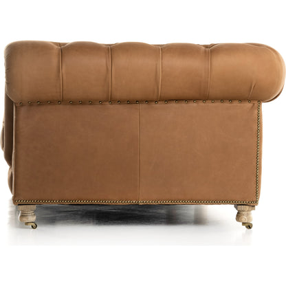 Conrad Sofa by Four Hands in cigar, antique oak, antique brass nailhead. Made from top grain leather, solid ash, iron in a traditional style.