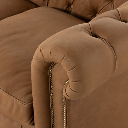 Conrad Sofa by Four Hands in cigar, antique oak, antique brass nailhead. Made from top grain leather, solid ash, iron in a traditional style.