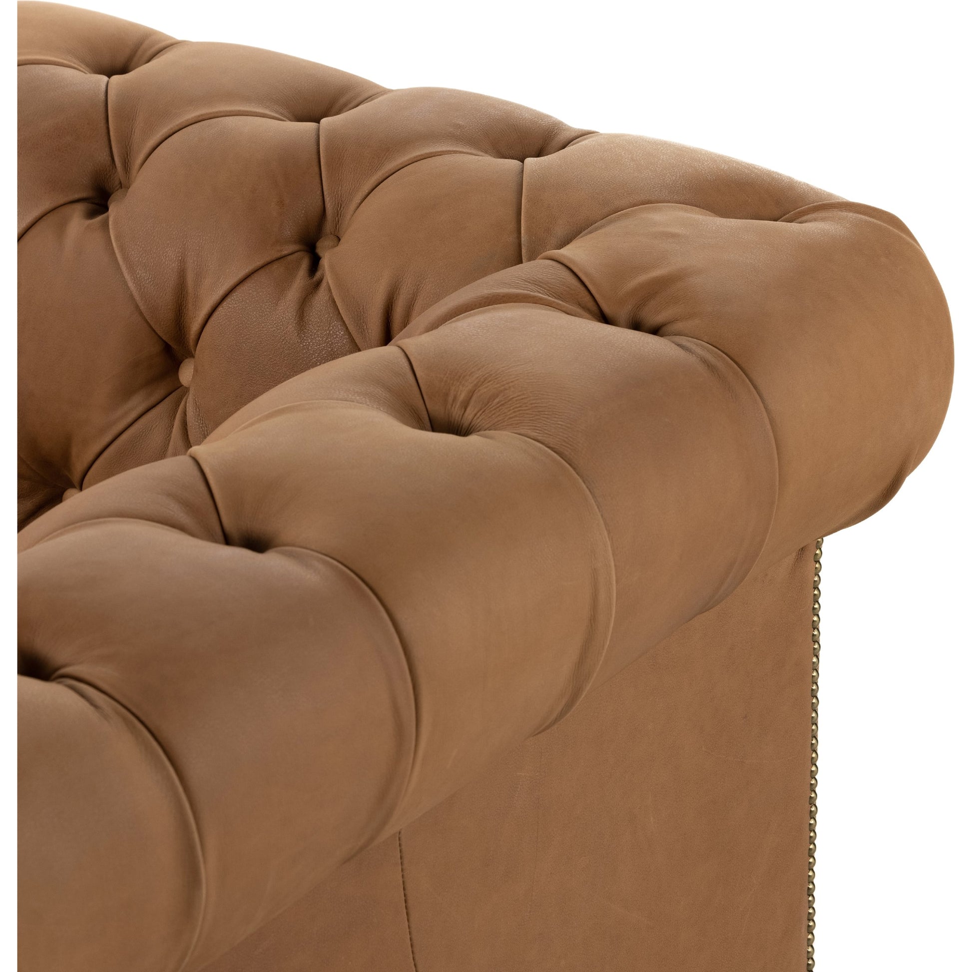 Conrad Sofa by Four Hands in cigar, antique oak, antique brass nailhead. Made from top grain leather, solid ash, iron in a traditional style.