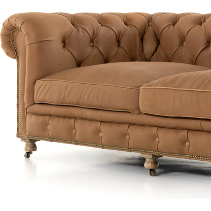 Conrad Sofa by Four Hands in cigar, antique oak, antique brass nailhead. Made from top grain leather, solid ash, iron in a traditional style.