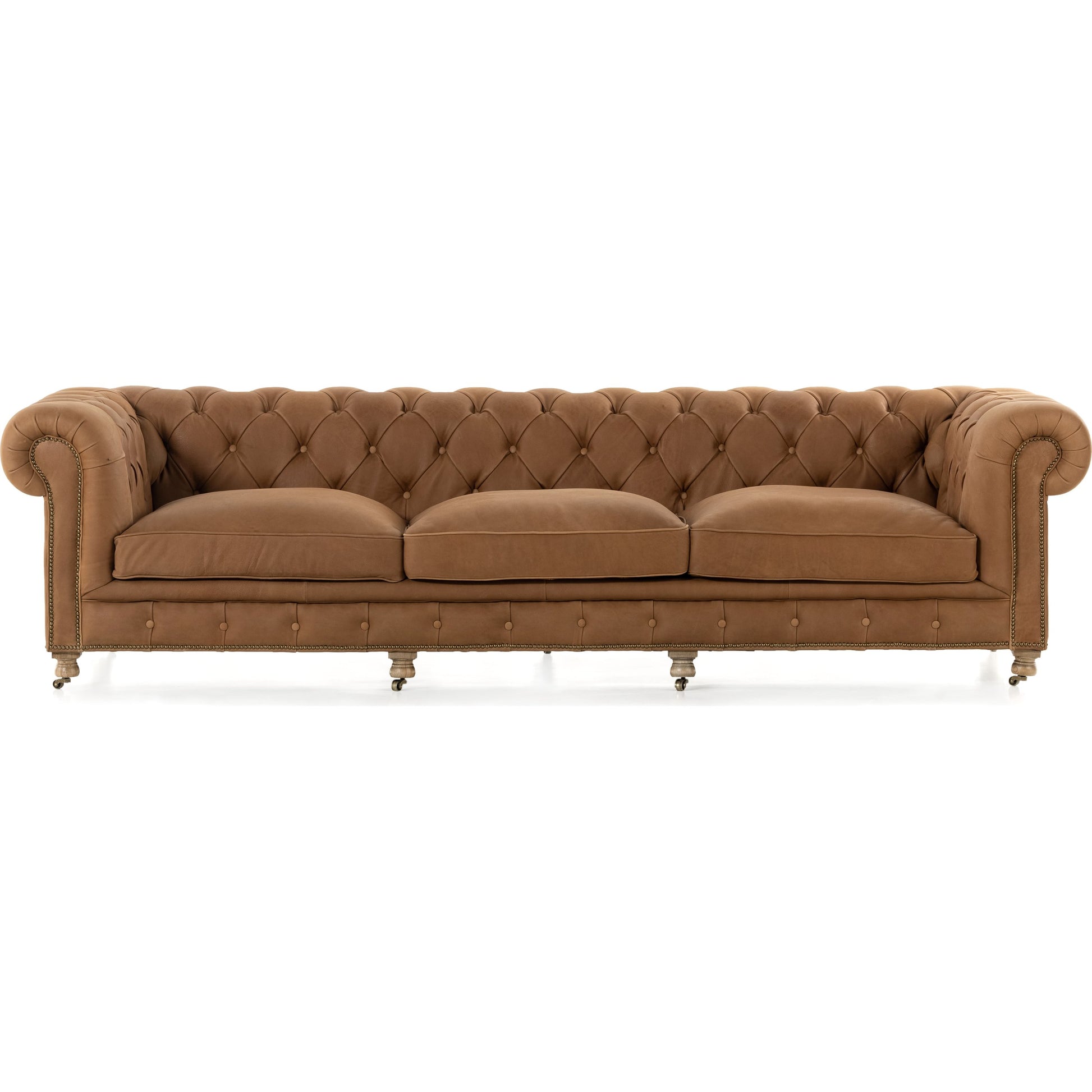 Conrad Sofa by Four Hands in cigar, antique oak, antique brass nailhead. Made from top grain leather, solid ash, iron in a traditional style.