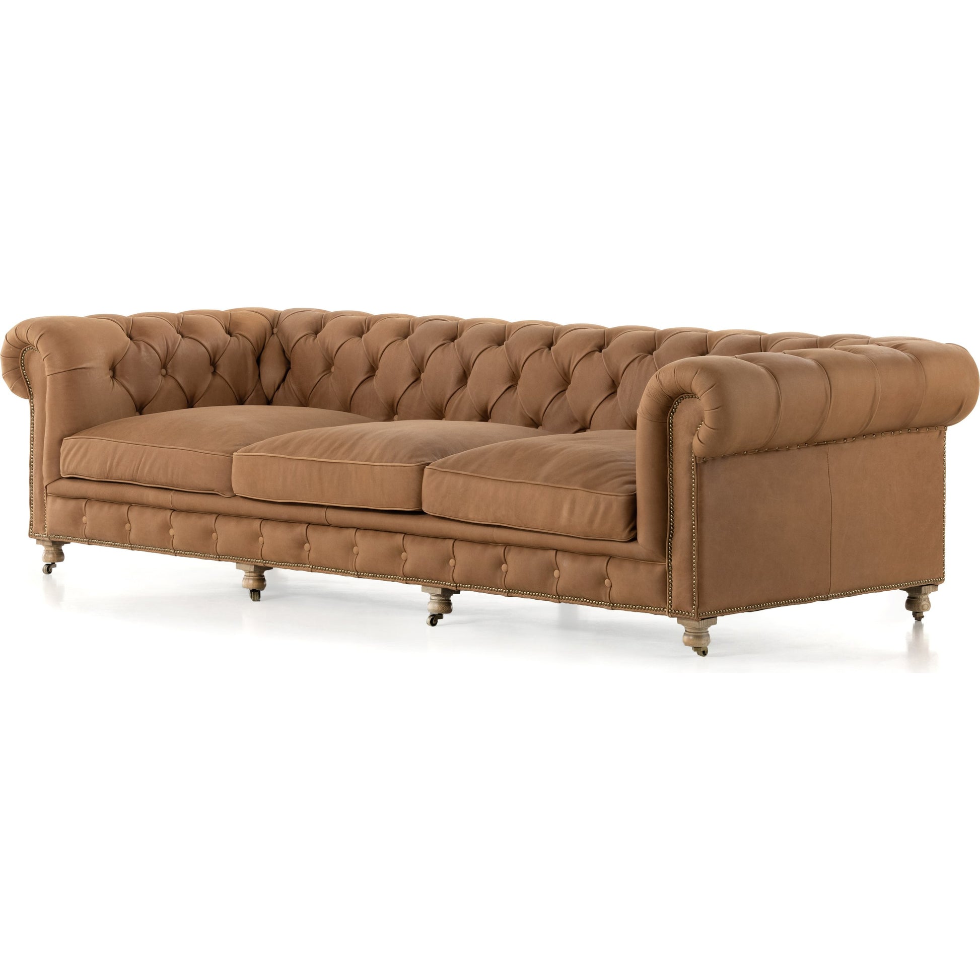 Conrad Sofa by Four Hands in cigar, antique oak, antique brass nailhead. Made from top grain leather, solid ash, iron in a traditional style.