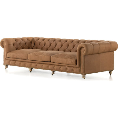 Conrad Sofa by Four Hands in cigar, antique oak, antique brass nailhead. Made from top grain leather, solid ash, iron in a traditional style.
