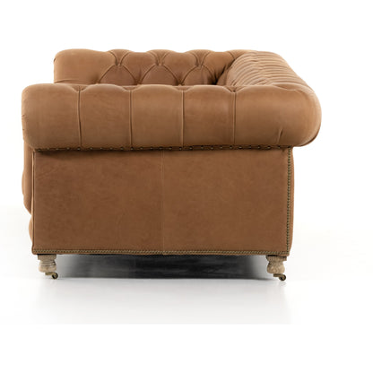 Conrad Sofa by Four Hands in cigar, antique oak, antique brass nailhead. Made from top grain leather, solid ash, iron in a traditional style.