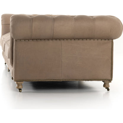 Conrad Sofa by Four Hands in cigar, antique oak, antique brass nailhead. Made from top grain leather, solid ash, iron in a traditional style.