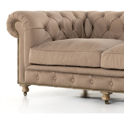 Conrad Sofa by Four Hands in cigar, antique oak, antique brass nailhead. Made from top grain leather, solid ash, iron in a traditional style.