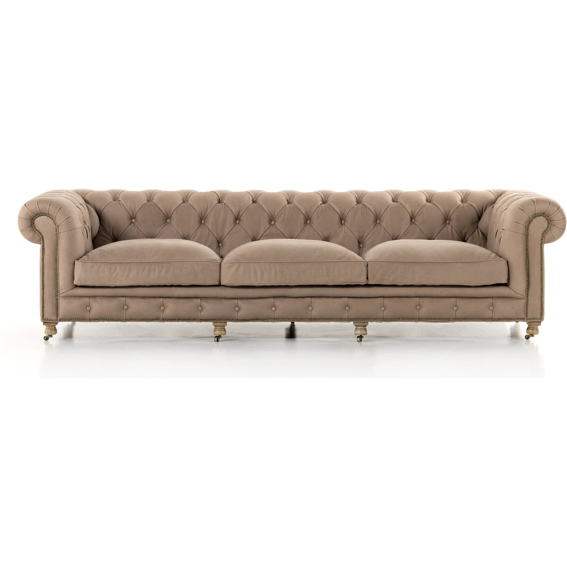 Conrad Sofa by Four Hands in cigar, antique oak, antique brass nailhead. Made from top grain leather, solid ash, iron in a traditional style.
