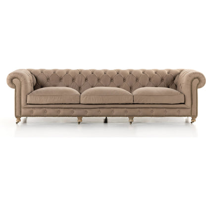 Conrad Sofa by Four Hands in cigar, antique oak, antique brass nailhead. Made from top grain leather, solid ash, iron in a traditional style.