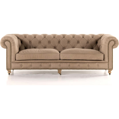 Conrad Sofa by Four Hands in cigar, antique oak, antique brass nailhead. Made from top grain leather, solid ash, iron in a traditional style.