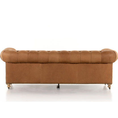 Conrad Sofa by Four Hands in cigar, antique oak, antique brass nailhead. Made from top grain leather, solid ash, iron in a traditional style.