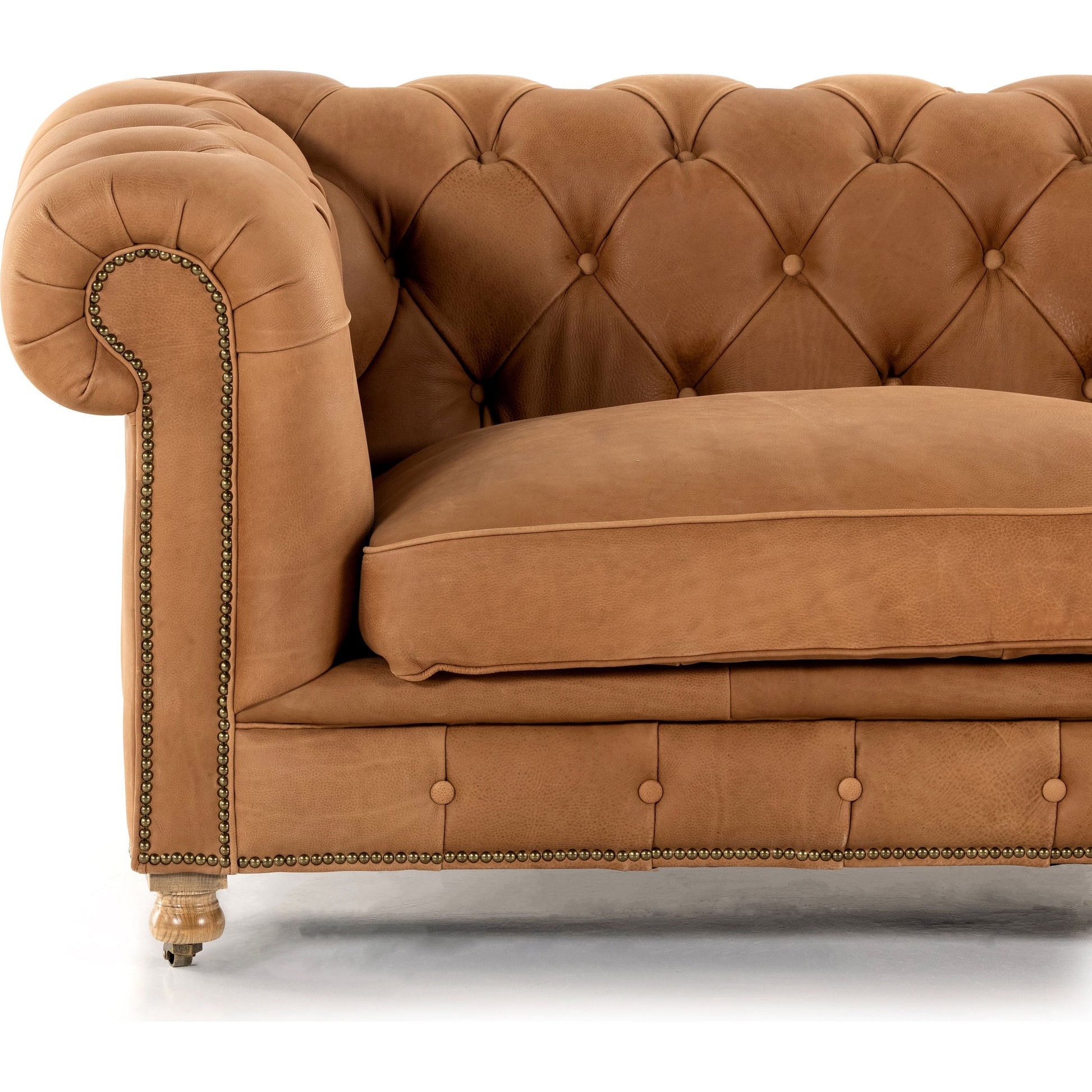 Conrad Sofa by Four Hands in cigar, antique oak, antique brass nailhead. Made from top grain leather, solid ash, iron in a traditional style.